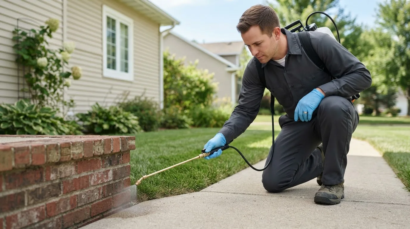 Pest control technician treating a home near Rush, NY